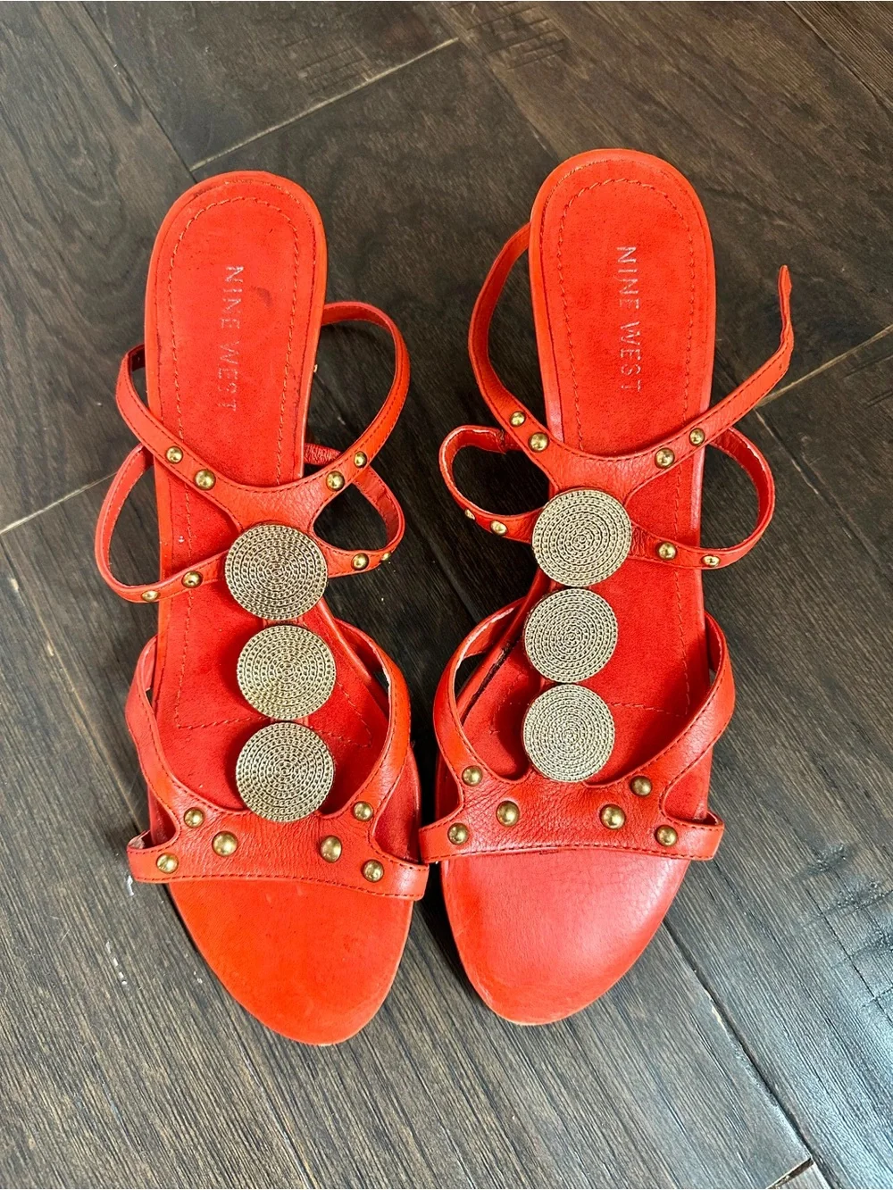 Nine West Women’s Orange Strappy Sandals With Decorative Medallions, Size 8